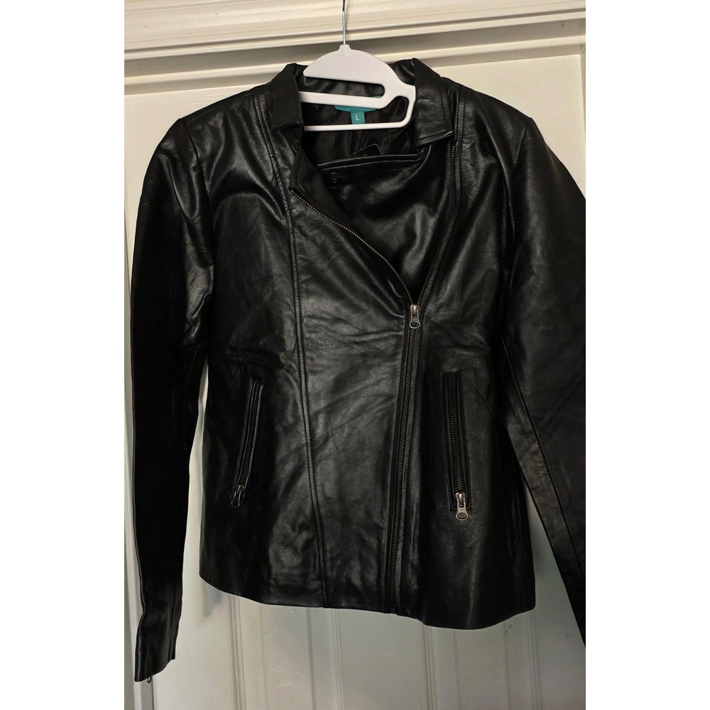 La Marey Womens Black Genuine Leather Moto Biker Jacket Asymmetrical Zip Large